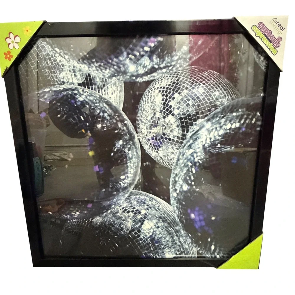 NWT Real Living Euphoric Expression Disco Ball Framed Wall Art Black 18x18